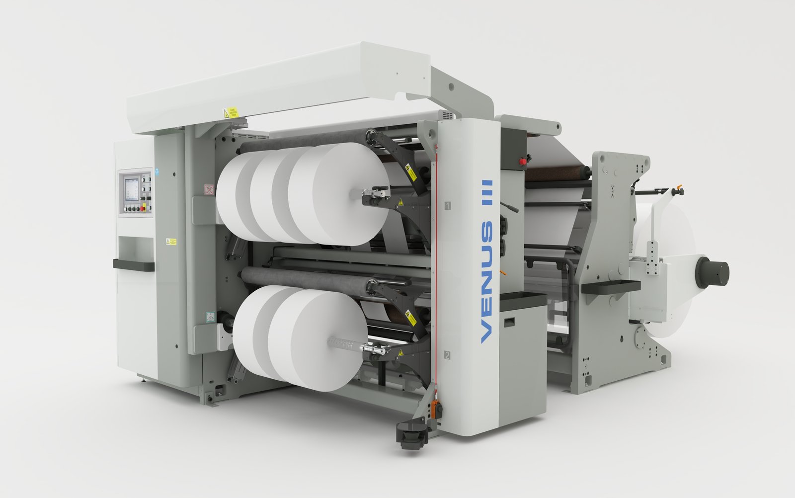 Illustrative slitting and rewinding machine with multiple paper rolls